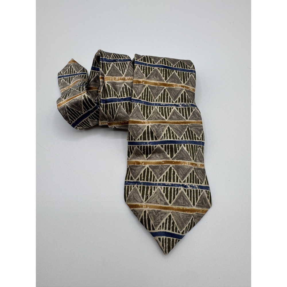 CLASS CLUB 100% SILK TIE TAN VINTAGE Geometric w BLUE AND BROWN STRIPES